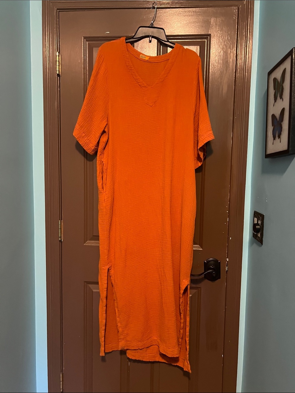 Barefoot Dreams S Bright Orange Lightweight V-Neck Maxi Tunic Dress